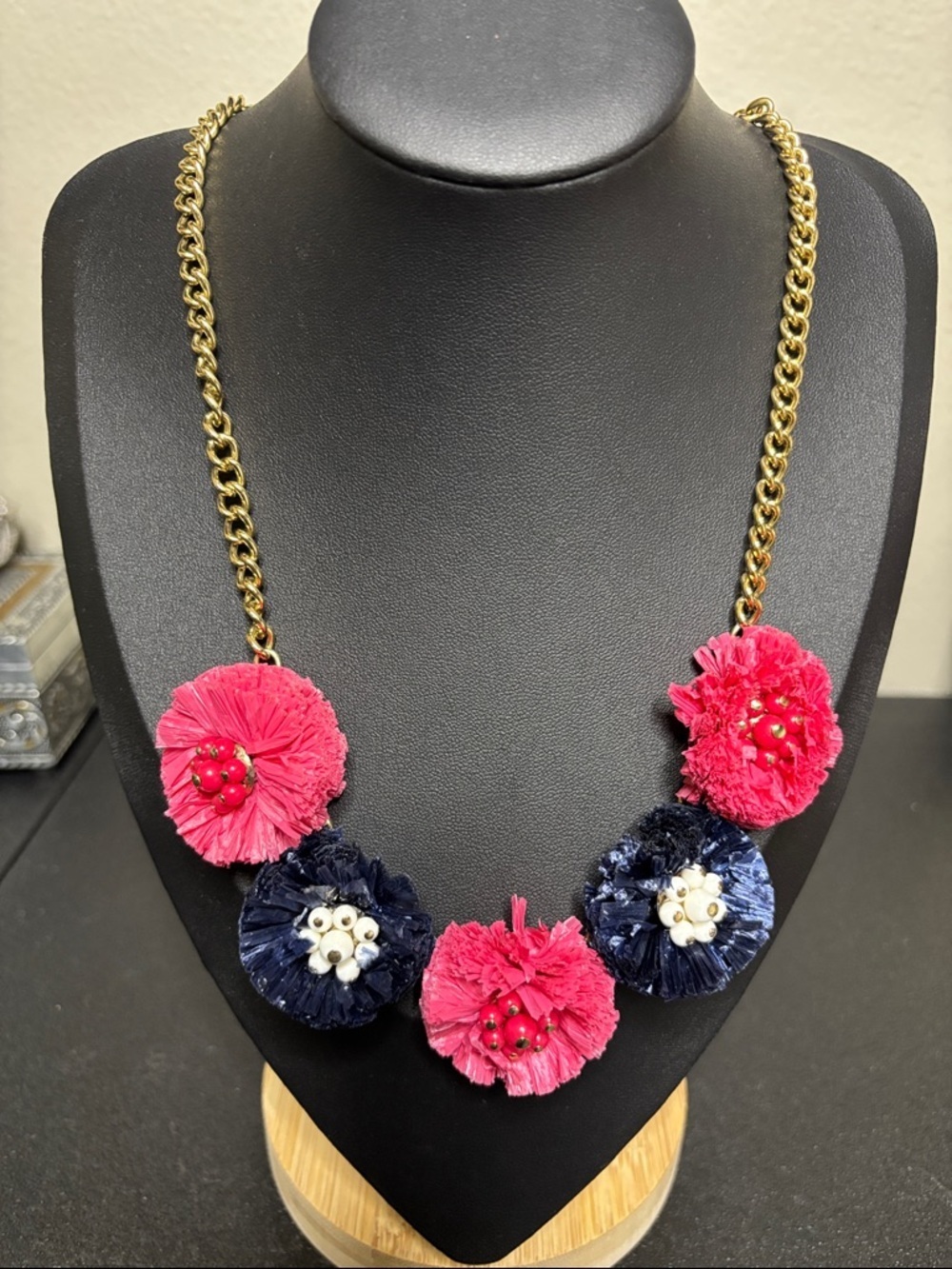 Talbots Pink Blue Summer Pom Pom Flower Beaded Gold Tone Chain Necklace